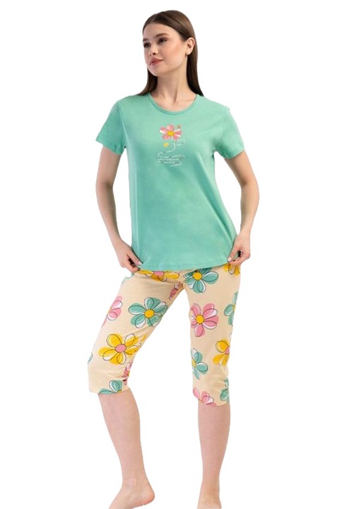 Pijamale dama, Vienetta, model Lime & Sun, bumbac, galben/verde, Uni/Floral