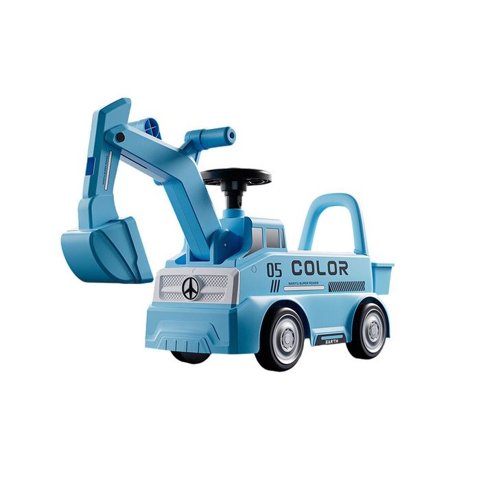 Masinuta Excavator tip Ride On, Comando Kids, Sistem Anti-Rasturnare, Claxon Integrat pe Volan, Sistem de Iluminare, Sistem de Sonorizare, Spatiu Depozitare Varsta 1-3 Ani, Albastru