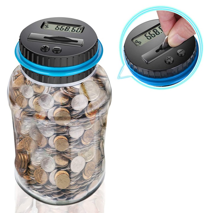 Pusculita digitala / borcan pentru monede, cu contor LCD pe capac, din ABS durabil, transparent, negru/albastru, capacitate 800-1000 monede, functioneaza cu 2xAAA