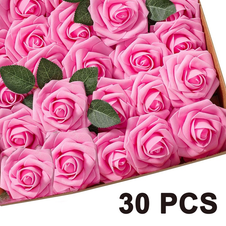Flori artificiale spuma, 25 bucati, trandafiri, roz, 8x20cm, set