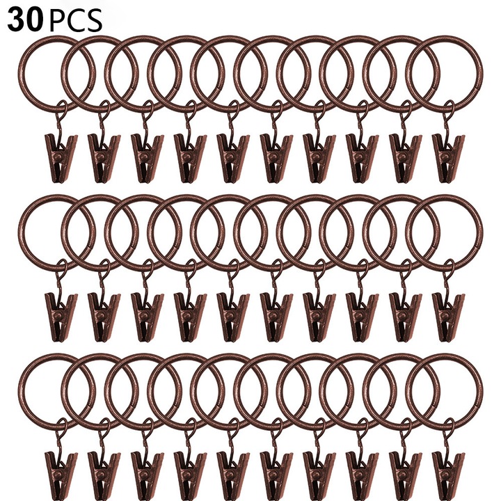 Inele pentru draperii ZYBLSSBB LSM2XH17407-2034776-3, metal cu clipsuri detasabile, diametru interior 25 mm, cupru, set 30 buc