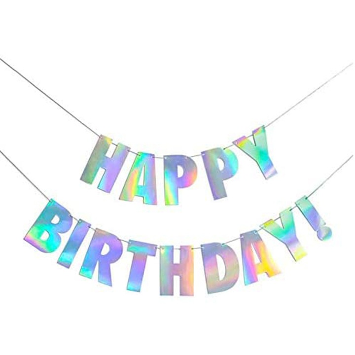 Banner Happy Birthday, holografic, alb iridescent, 13 litere