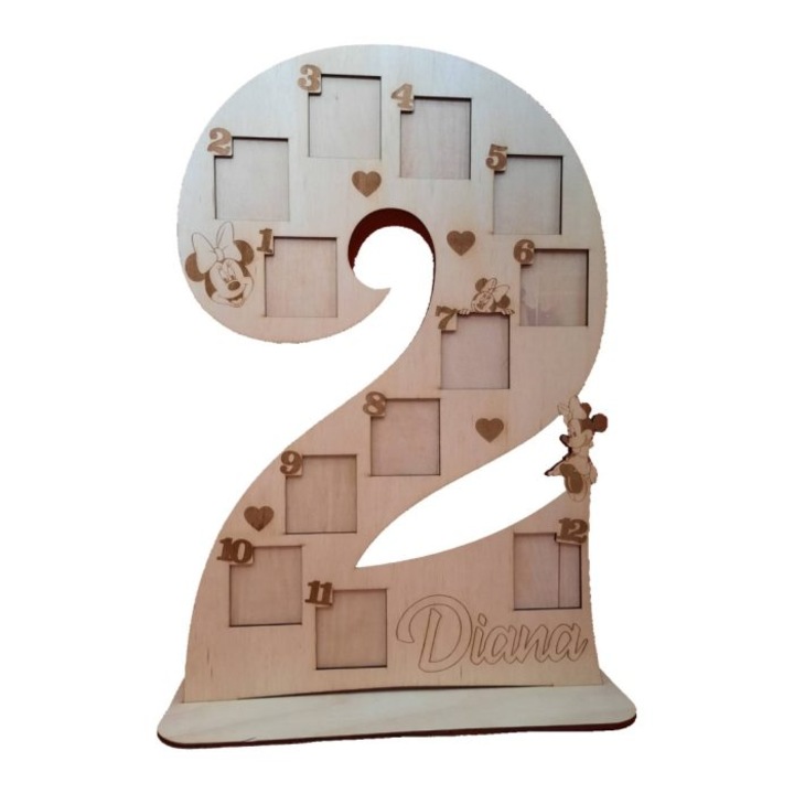 Cifra aniversara cu 12 rame foto, Minnie Mouse, Lemn, 60x40cm, RFA006
