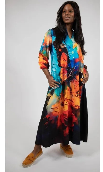 Rochie maxi cu buzunare si maneca lunga abstract art butterfly, Multicolor, One Size