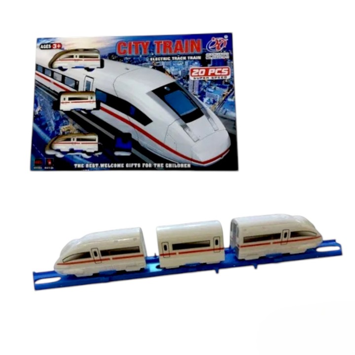 Jucarie trenulet electric Hooppie, 28,5 cm, 20 piese, 140 cm cale ferata si indicatoare feroviare, 03 ani+