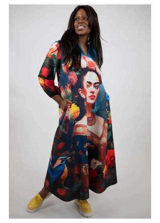 Madár frida maxi ruha zsebekkel és hosszú ujjal, Többszínű, One Size