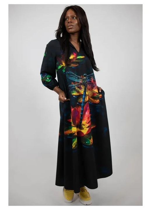 Rochie maxi cu buzunare si maneca lunga dragonfly, Multicolor, One Size