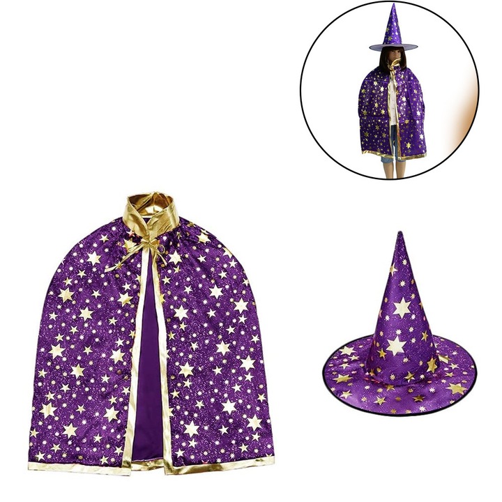 Costum Halloween pelerina si palarie vrajitoare copii multicolor 80cm