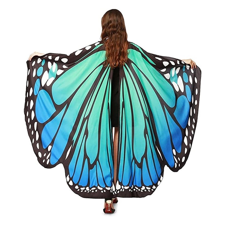 Costum adult cu imprimeu diamant, fluture mare si masca - albastru-verde, set masti si costume carnaval