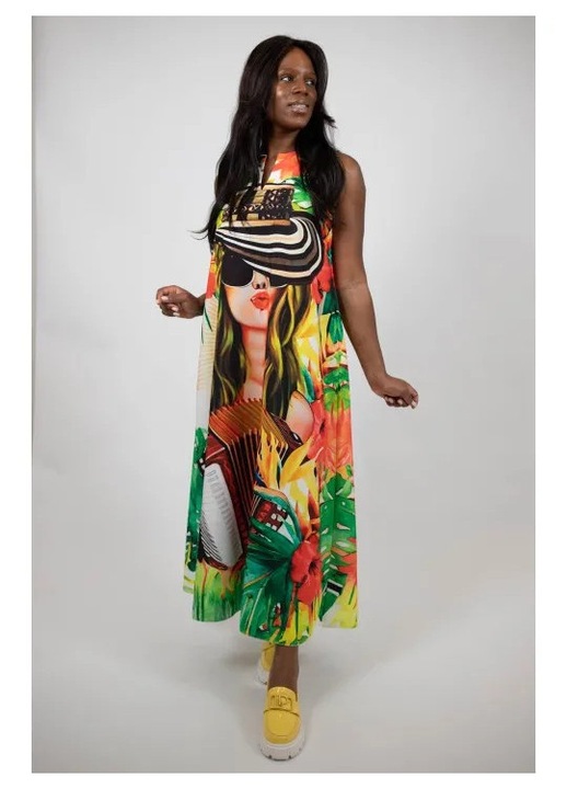 Rochie lunga fara maneci cu buzunare electric cathalee, Multicolor, One Size