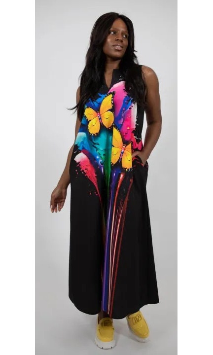 Rochie lunga fara maneci cu buzunare butterfly vallo, Multicolor, One Size