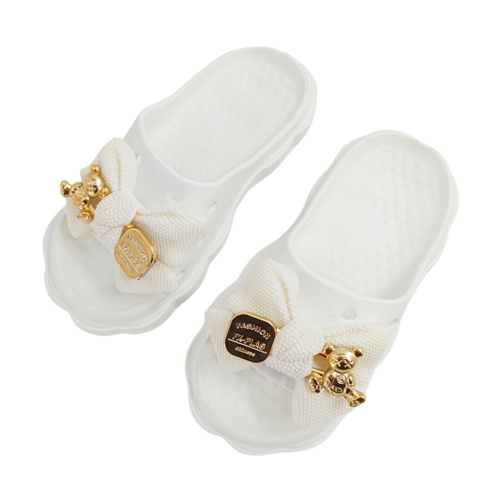 Papuci cu platforma si aplicatii decorative, de dama, H09-1, alb, 38