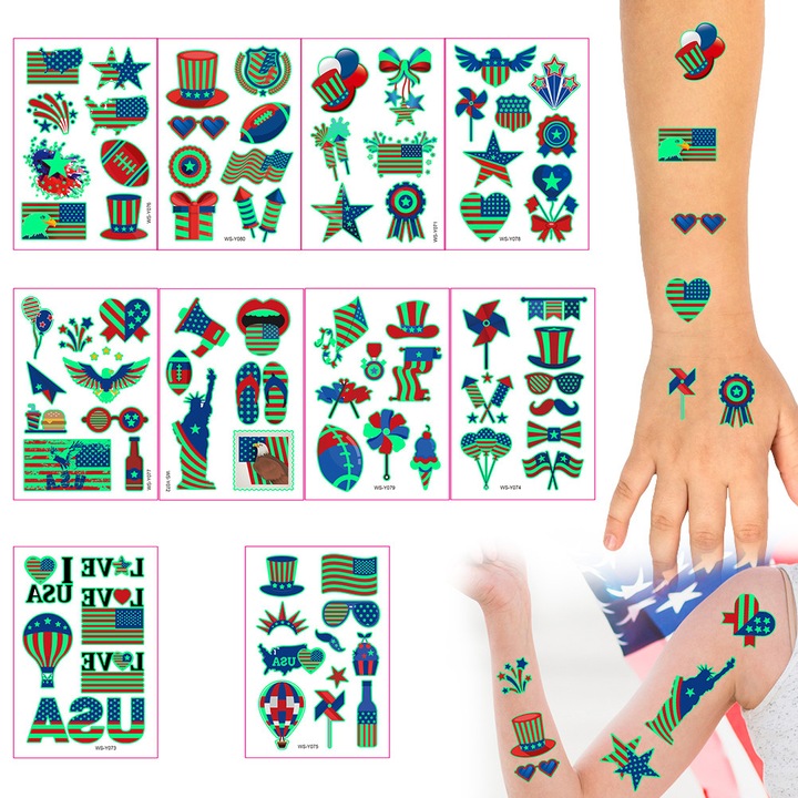 Set tatuaje temporare HERUSI luminoase patriotice 4th of July multicolor 10 foi
