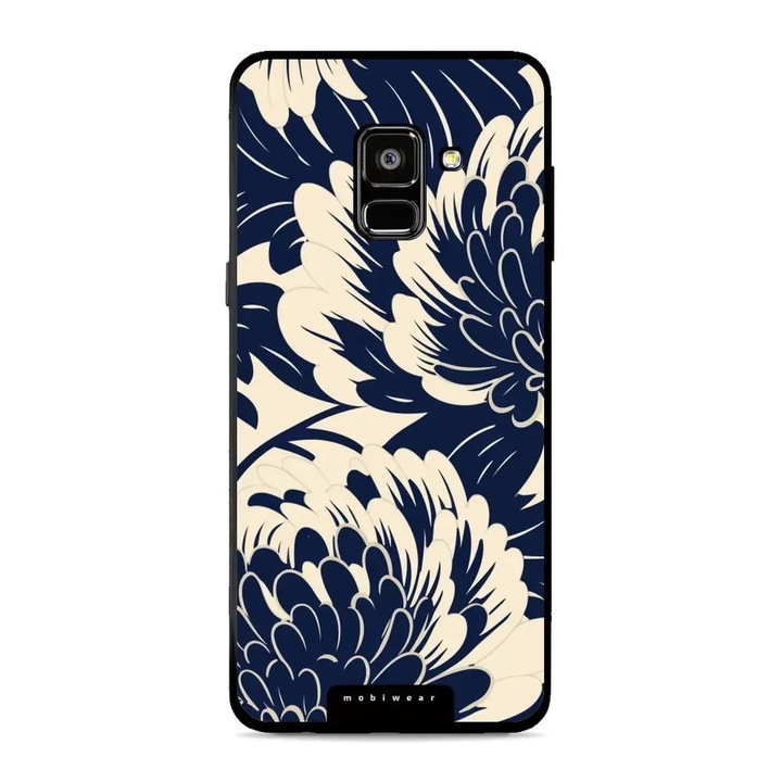 Husa telefon, Mobiwear, pentru Samsung Galaxy A8 (2018), albastra cu flori, rezistenta la socuri si zgarieturi