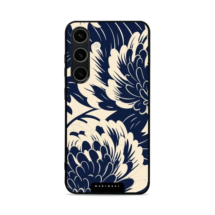 Husa telefon, Mobiwear, pentru Samsung Galaxy S24, albastru cu flori, rezistenta la socuri si zgarieturi
