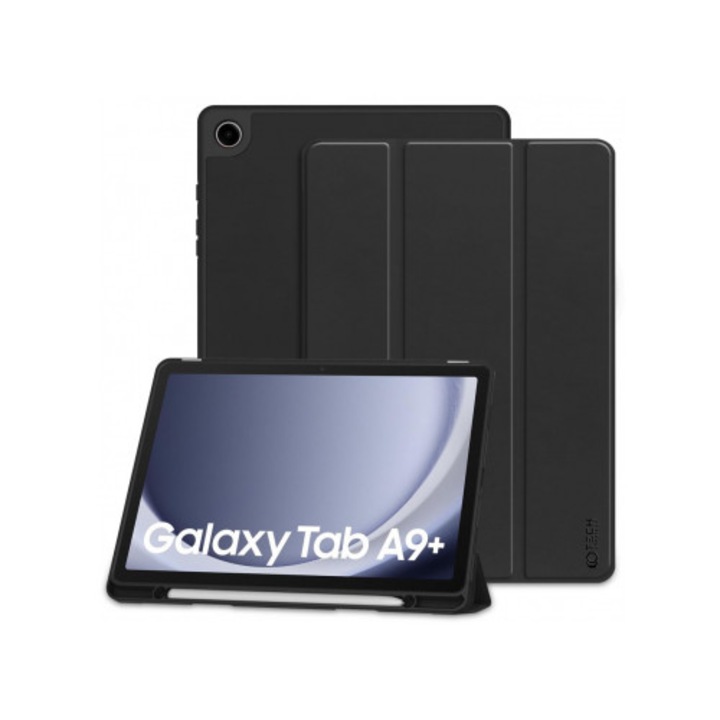 Защитно покритие flip cover за таблет съвместим с Samsung Galaxy Tab A9 Plus, SC Pen, тип FoldPro, със стойка, слот за писалка, екологична кожа, Черен