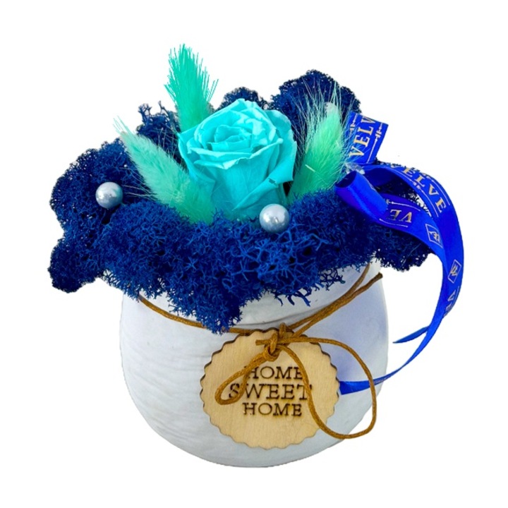 Aranjament floral Home, in vas ceramic cu trandafir criogenat, lagurus si licheni stabilizati, Albastru, 14 cm, Velve