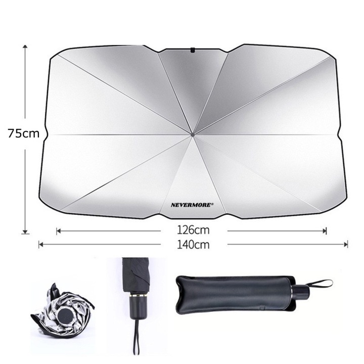 Parasolar parbriz Pliabil auto, Tip Umbrela, Rezistent UV, 126-140 x 75 cm, Negru