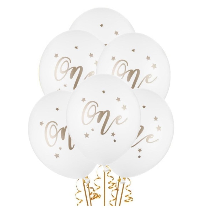 Set 20 baloane latex albe, mesaj One, petrecere aniversare 1 an, Produs Petrecere Copii, Calitate Premium, WOW Shop