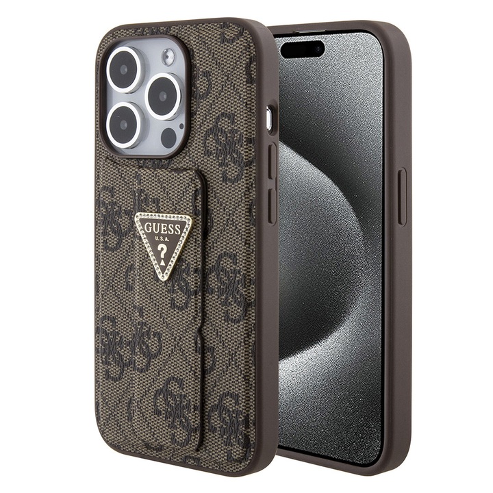 Carcasa pentru telefon GUESS Grip Stand, piele ecologică, policarbonat, maro, pentru iPhone 15 Pro