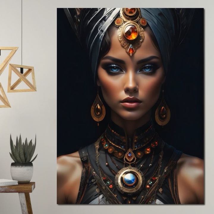 Премиум картина върху платно, LuxCanva® G1092, Жената-оракул, 100 X 135 CM, 100% памучно платно 400g/m2, дървена рамка, Мистика, Кралска власт, Красота, Енигма, Свещенство, Злато, Сапфир, Фантастично, Хол, Спалня