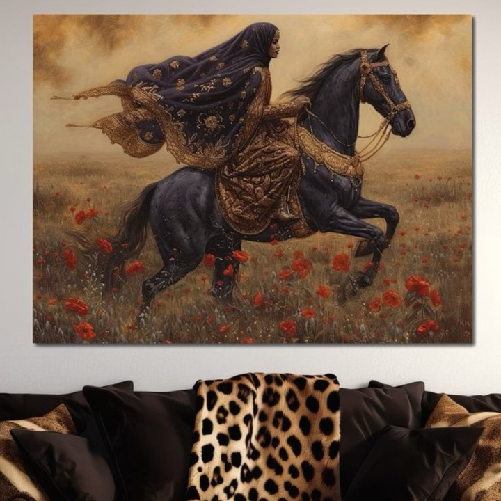 Премиум картина върху платно LuxCanva® G1095, Галопиращ сред макове, 100% памучно платно 400g/m2, Дървена рамка, 100 X 135 см