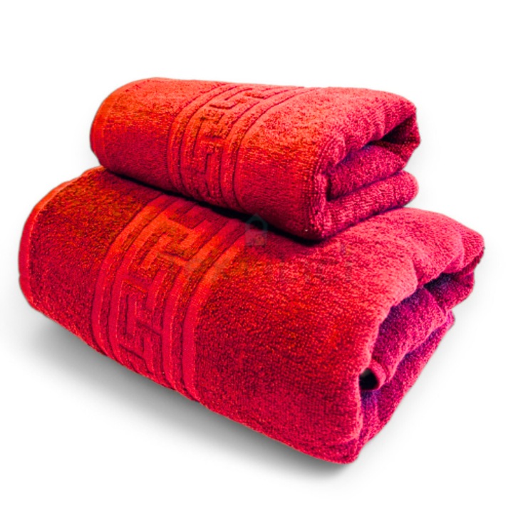 Set 2 Prosoape de baie, 100% bumbac, 50X90 cm, 70x140 cm, TextiLici, Rosu deschis