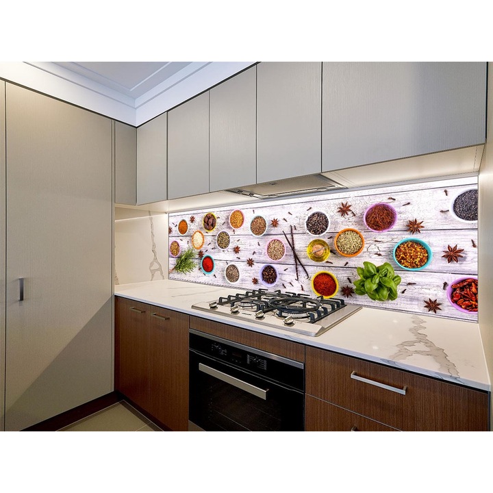 Set 3 piese panou decorativ din sticla securizata pentru bucatarie, protectie aragaz, antistropire, imprimat UV, oct036 225x65cm