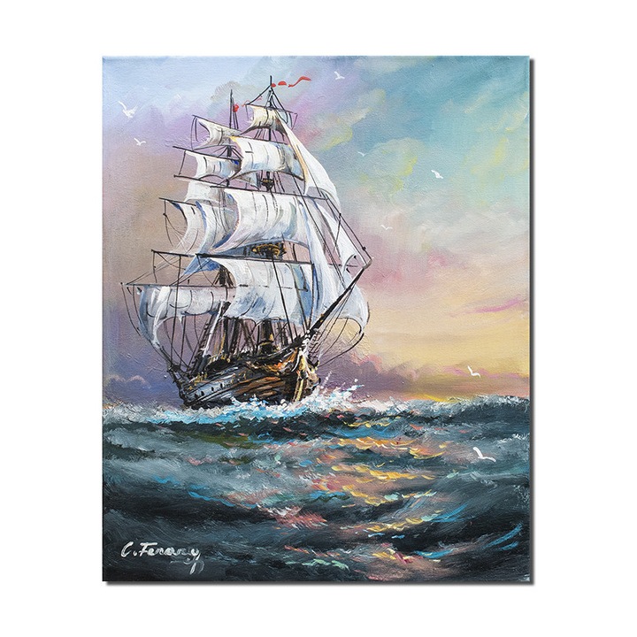 Tablou pictat manual, Velier, 50x40cm pictura ulei pe panza, gata de agatat pe perete, Constantin Feraru