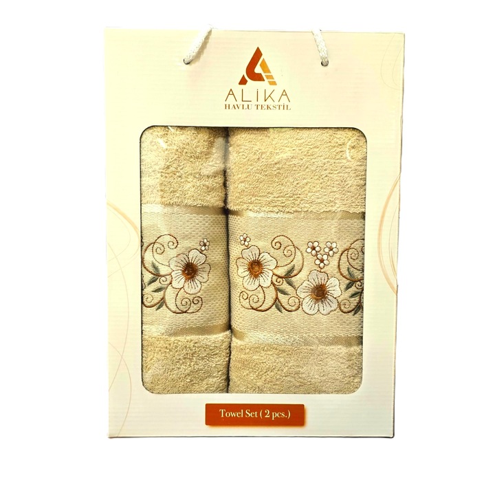 Комплект 2 кърпи за баня Kotonia Home Spa жакард с бродерия, 100% памук, 50×90 см и 70×140 см, бежови, 005