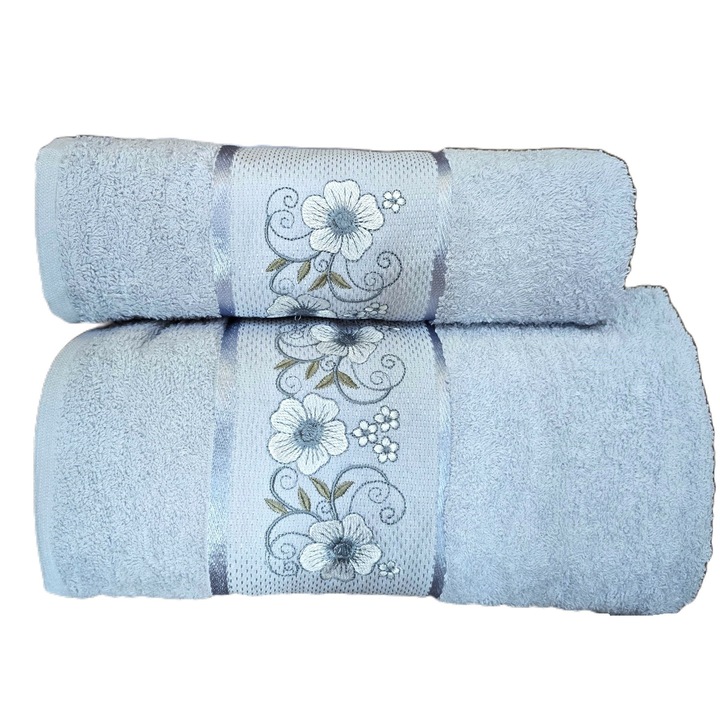 Комплект 2 кърпи за баня Kotonia Home Spa жакард с бродерия, 100% памук, 50×90 см и 70×140 см, сини, 005