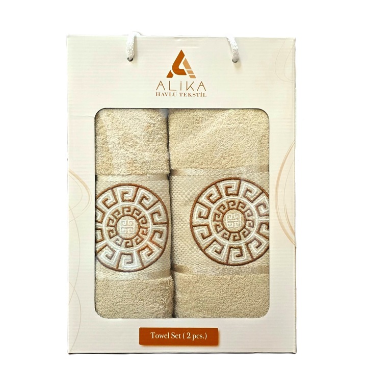 Комплект 2 кърпи за баня Kotonia Home Spa жакард с бродерия, 100% памук, 50×90 см и 70×140 см, бежови, 001