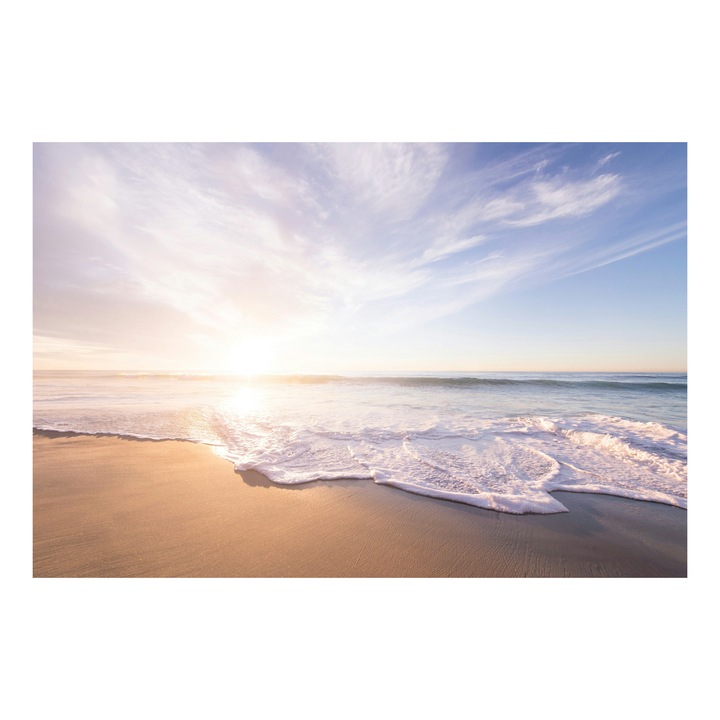 Картина на платно "Ведър изгрев на брега на морето", Небе, Залез, Вълни, Пясък, Светлина, Океан, Спокойствие, Красота, 150 x 100 см