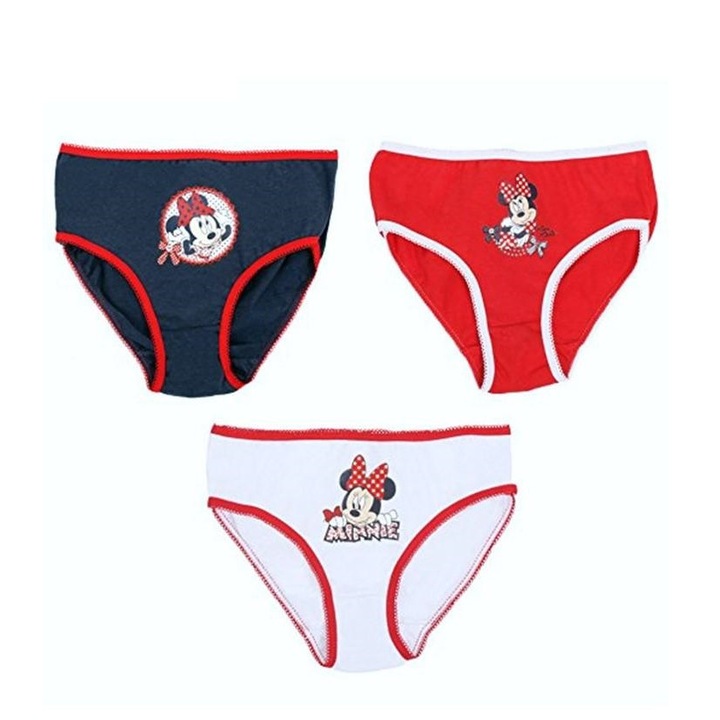 Set 3 perechi chilotei, fete, Disney, Minnie Mouse, Rosu/Alb/Bleumarin, 116-128 CM