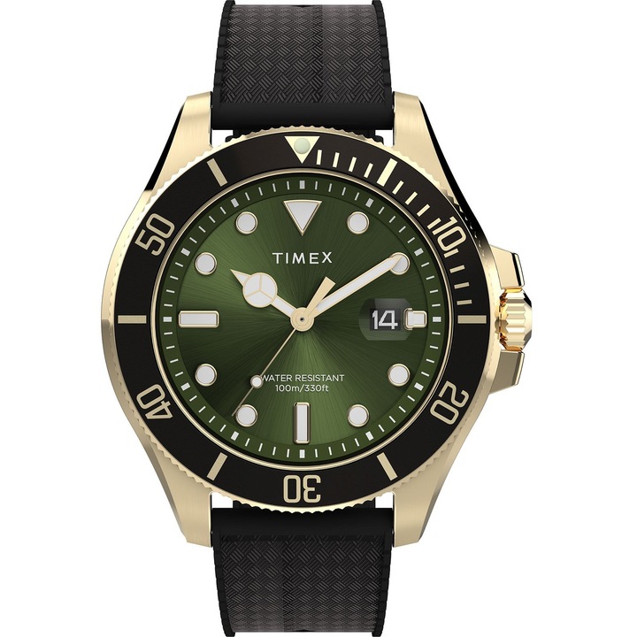 Ceas Timex Harborside Coast, mecanism quartz, carcasa inox, curea cauciuc neagra, cadran verde, 43mm, rezistent la apa 100m