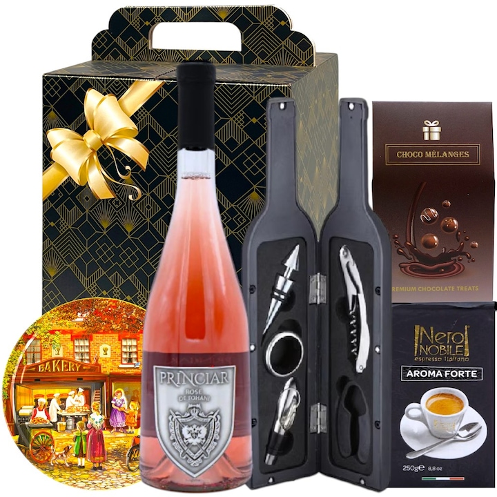 Set Cadou Barbati PRINCIAR, Craciun, Aniversare, Paste, Corporate, Cafea Nobile Aroma, Vin Rosé Demisec, Biscuiti Danezi cu Unt in Cutie Metalica, Accesorii Vin, CADOURI RAFINATE®