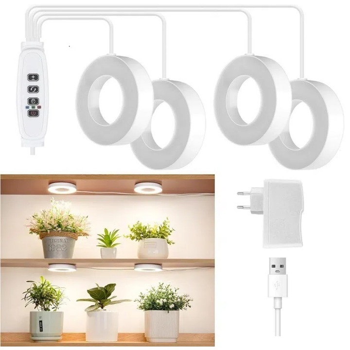 Lampa pentru cresterea plantelor de interior, Gkllonve, 192 leduri, 10 Nivele de Luminozitate, temporizator 3/9/12h, alb