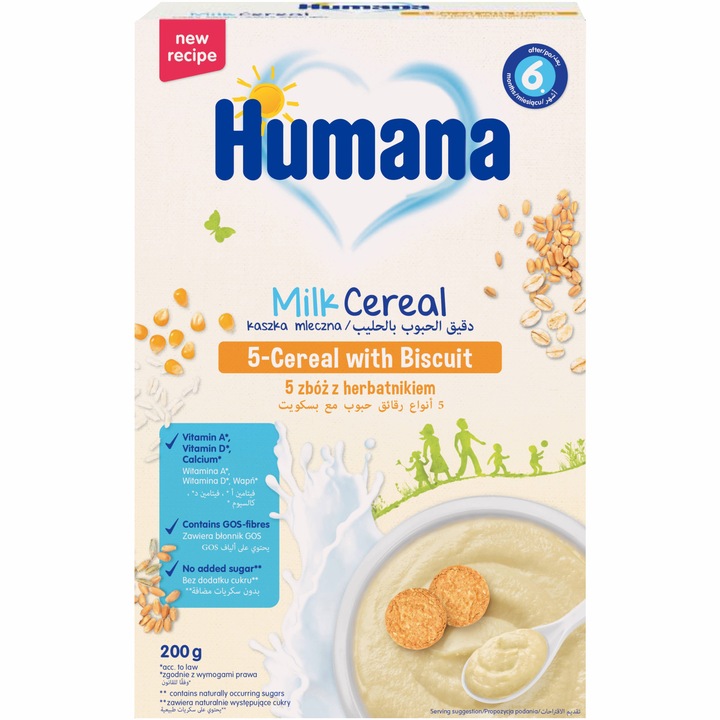 Cereale cu lapte si biscuiti pentru bebelusi Humana 5, 200g, 6 luni+