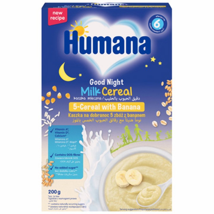 Cereale cu lapte si banana pentru bebelusi Humana Noapte Buna, 200g, 6 luni+
