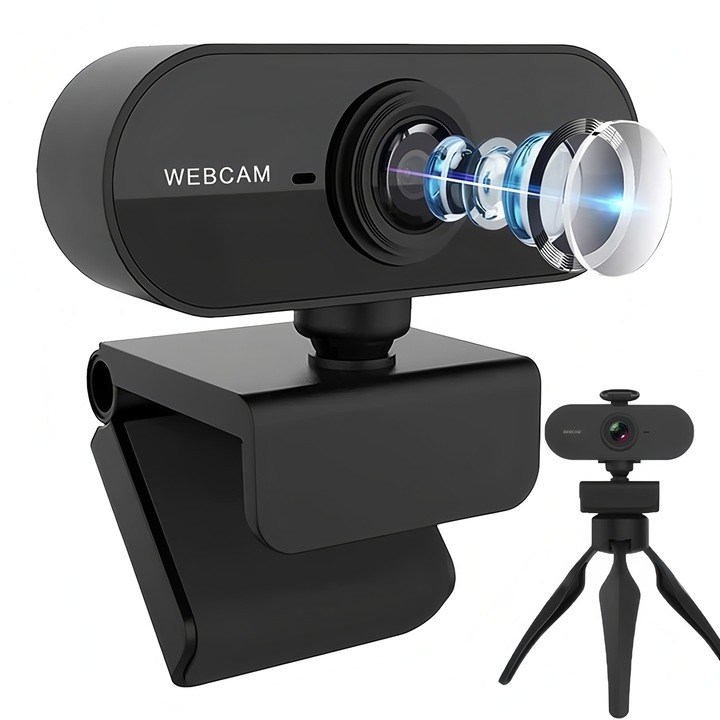 Camera web, BOMSTOM, Full HD 1080P, microfon incorporat, USB, 9.5x5.3x4.2cm, negru