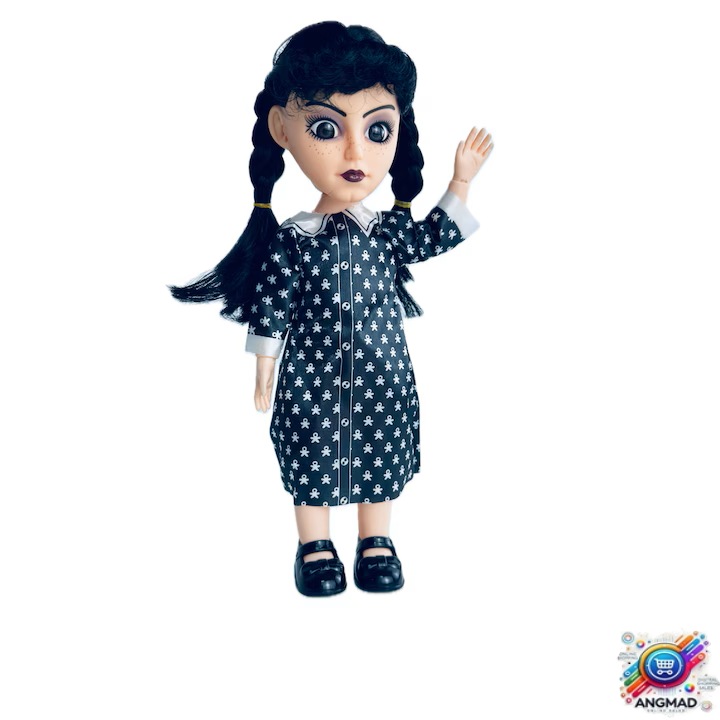 Papusa muzicala Wednesday din Addams Family, 27cm, articulatii flexibile si lumini, perie pt par, baterii incluse, culoare negru- alb, varsta min. 3+ani