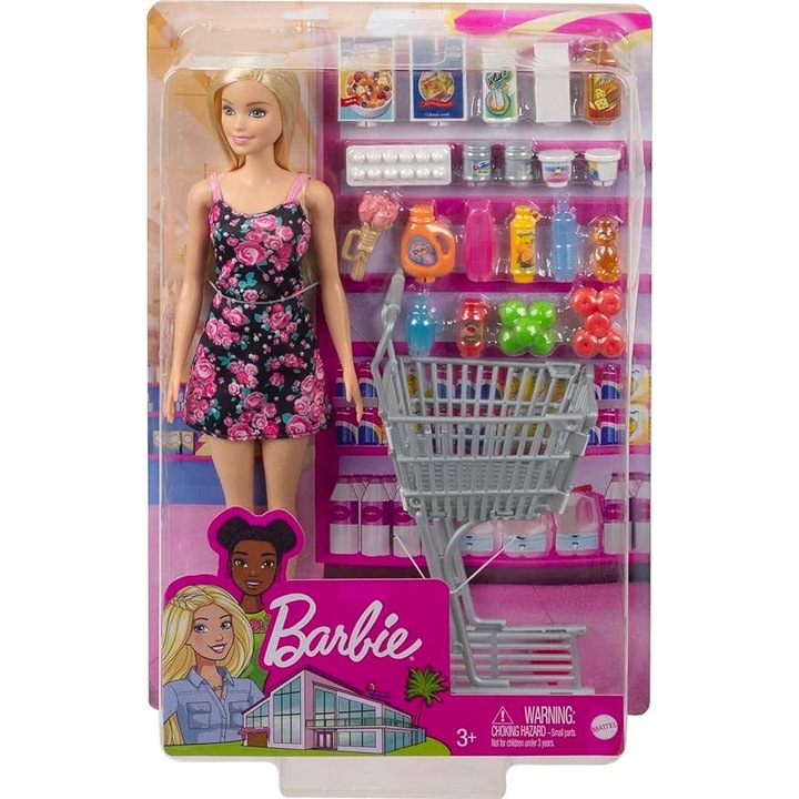 Set de Joaca Barbie Supermarket cu 20 de Accesorii si Cos de Cumparaturi