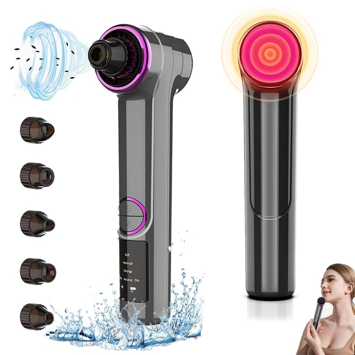 Aparat de Indepartat Puncte Negre Vacuum, Kawalon, 5 Tipuri de Cap de Aspiratie, 3 Programe de Aspirare, 3 Moduri de Reglare a Vitezei, Compresa Calda Delicata, Functie Incalzire pentru Deschidere/Curatare Por, Curatare Profunda a Porilor Acnee, Negru