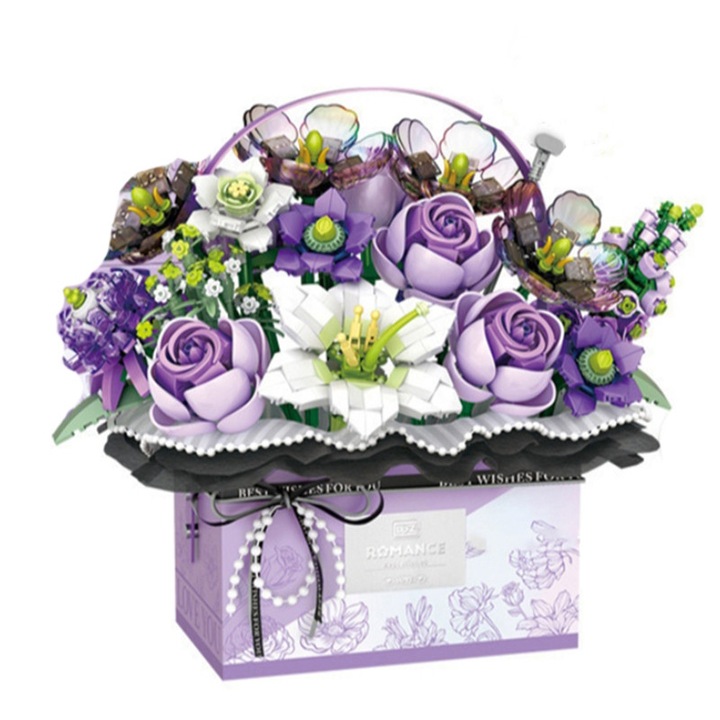 Set de constructie cu flori tip LEGO, cos portabil realizat manual, cadou elegant pentru prietena sau sotia, mov (26x16,5x24 cm)