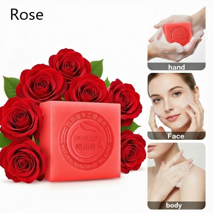 Sapun cu ulei esential de trandafir, curat si hidratant, spuma delicata fara iritatii, potrivit pentru toate tipurile de piele, parfum usor, rosu 100g