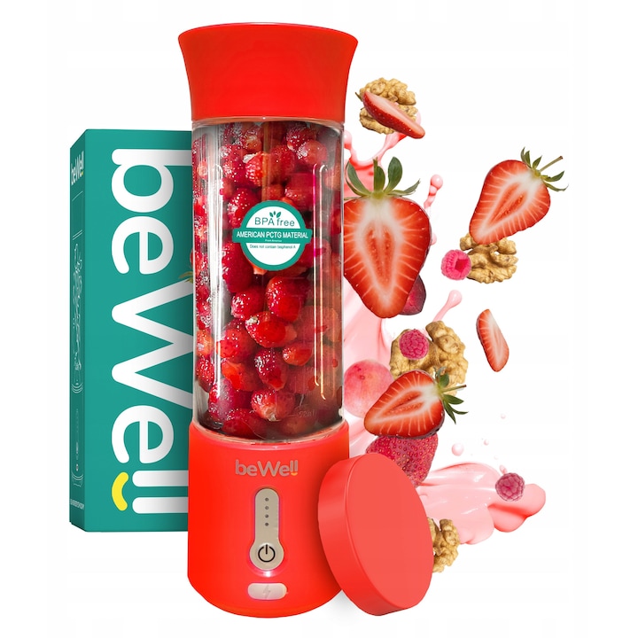 Hordozható vezeték nélküli turmixgép, Bewell, Plus, 500 ml, USB újratölthető, többfunkciós, turmixkészítő, biztonságos és egyszerű, BPA mentes, piros