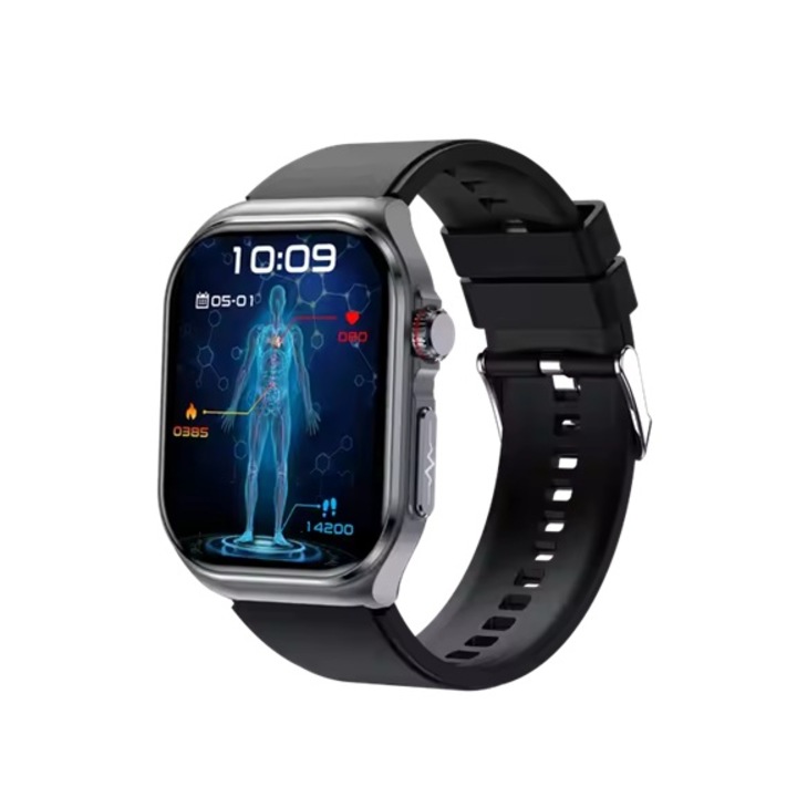 Smartwatch ZYTEQ®️ ET585, Bluetooth разговор, 2.04" AMOLED екран, спорт, ЕКГ, HRV, глюкомер, кръвно налягане, кислород в кръвта, пулс, температура, сън, физически дейности, SOS спешно повикване, крачкомер, черен