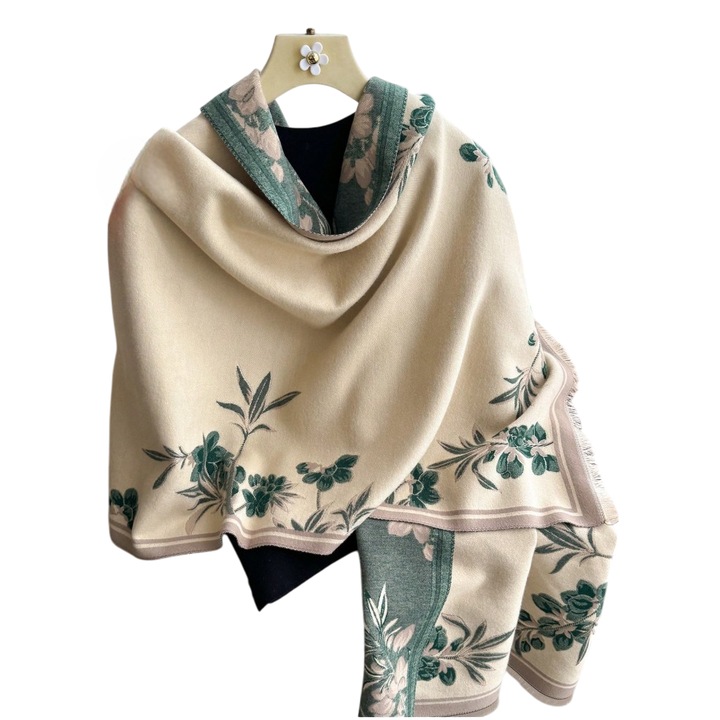 Esarfa tip sal pentru dama din materiale premium, model flori verzi, culoarea bej, theCasius.®