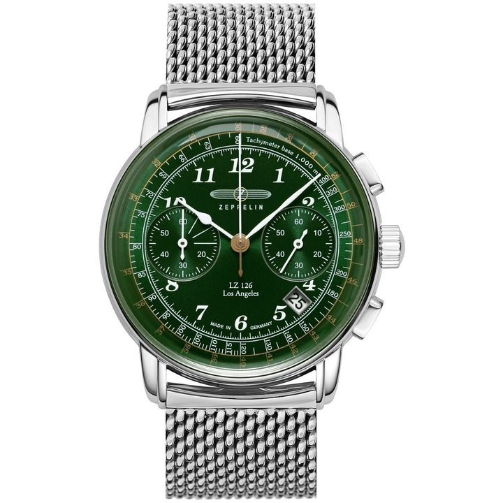 Ceas Zeppelin LZ 126 Los Angeles Chronograph, mecanism quartz, cadran verde, bratara argintie, 42mm, inox