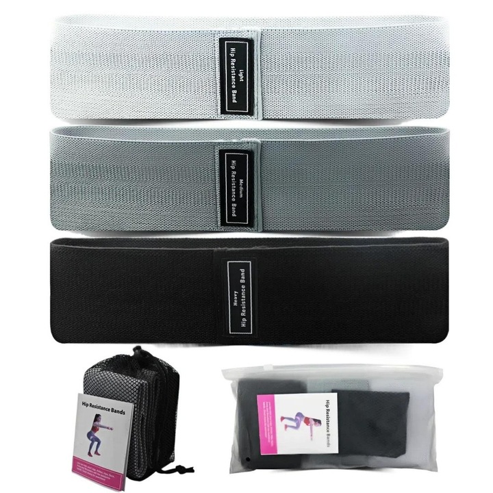 Set de 3 Benzi Elastice AONYIYI, Rezistenta 3 Niveluri, Latex Natural, 38x8 cm, Gri